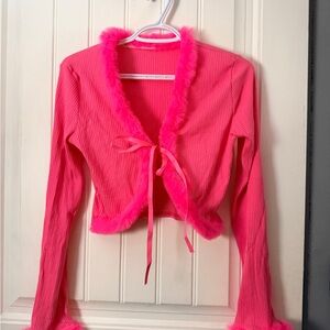 Pink Fuzzy Trim Cardigan